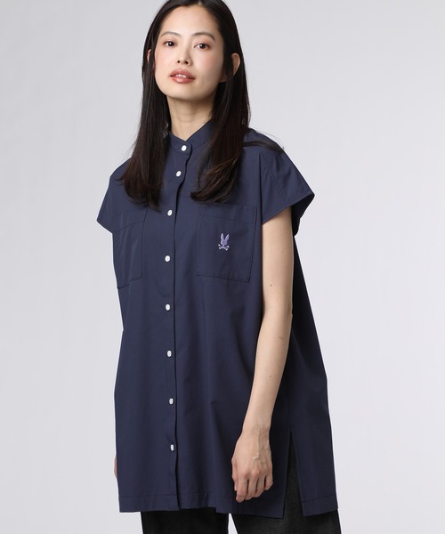 ブラウス シャツ 「WOMEN」フレンチスリーブ バンドカラーシャツ レディース