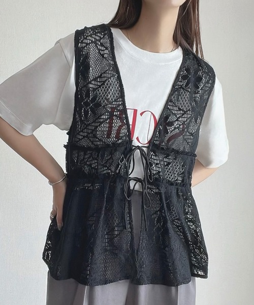 LAUIR ベスト ジレ リボンフラワーレースベスト レディース