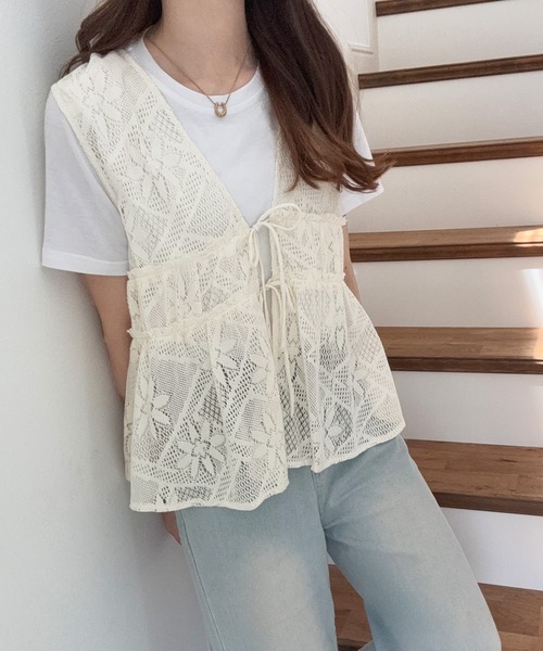 LAUIR ベスト ジレ リボンフラワーレースベスト レディース