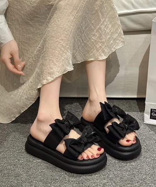 新品 レディース 厚底サンダル ダブルリボン 【438】 LADY LIKE サンダル 「春夏新作」ダブルリボン厚底サンダル