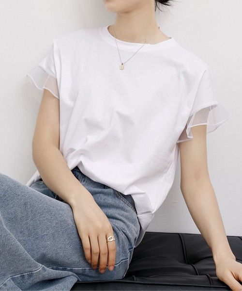 tシャツ 袖フリルチュール切替Tシャツ レディース