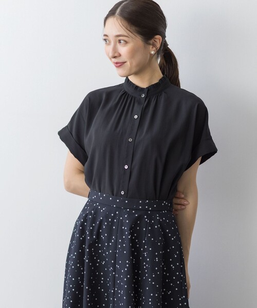 uvカット ブラウス シャツ バウンディングシャーティング バンドカラー