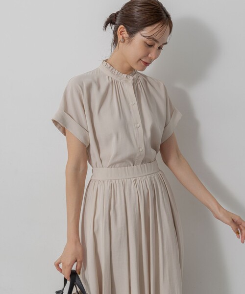 ブラウス シャツ バウンディングシャーティング バンドカラーフリル