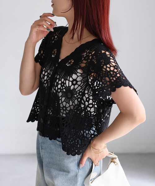 Riberry（リベリー） カーディガン かぎ針編み半袖クロシェカーデ