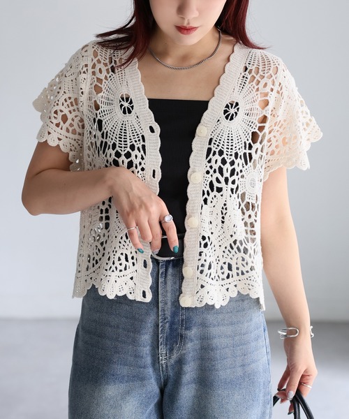 Riberry カーディガン かぎ針編み半袖クロシェカーデ レディース