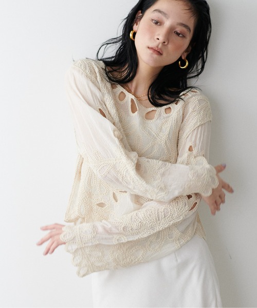 ブラウス シャツ 「LARUTA」コード刺繍シアートップス レディース