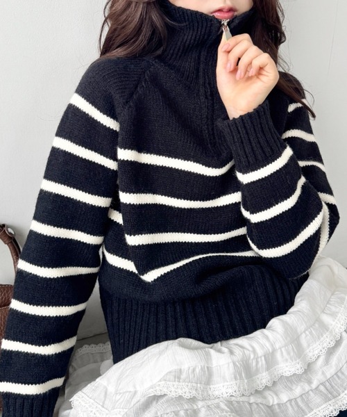 Deuxieme CIasse　ボーダーハーフジップ, ニット SOLLON.（ソルロン） ニット セーター ボーダーハーフジップニット
