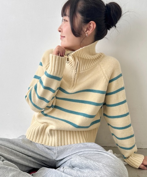 Deuxieme CIasse　ボーダーハーフジップ, ニット SOLLON.（ソルロン） ニット セーター ボーダーハーフジップニット