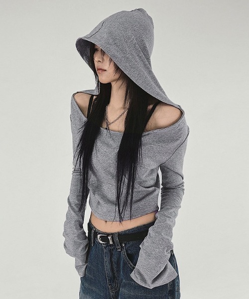 パーカー オフショルダーフードトップス/カットパーカー レディース