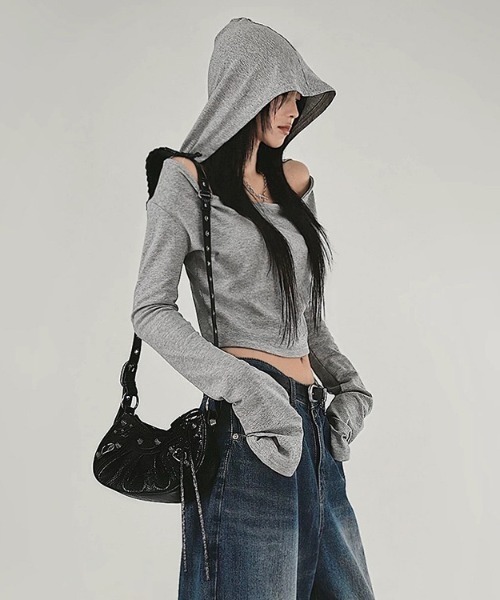 パーカー オフショルダーフードトップス/カットパーカー レディース