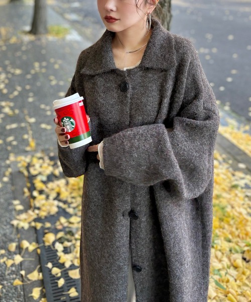 ステンカラーコート コート wool blend knit long coat /ウール