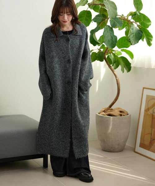 ステンカラーコート コート wool blend knit long coat /ウール