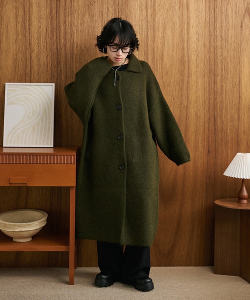 ステンカラーコート コート wool blend knit long coat /ウール