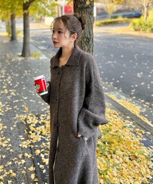 ステンカラーコート コート wool blend knit long coat /ウール