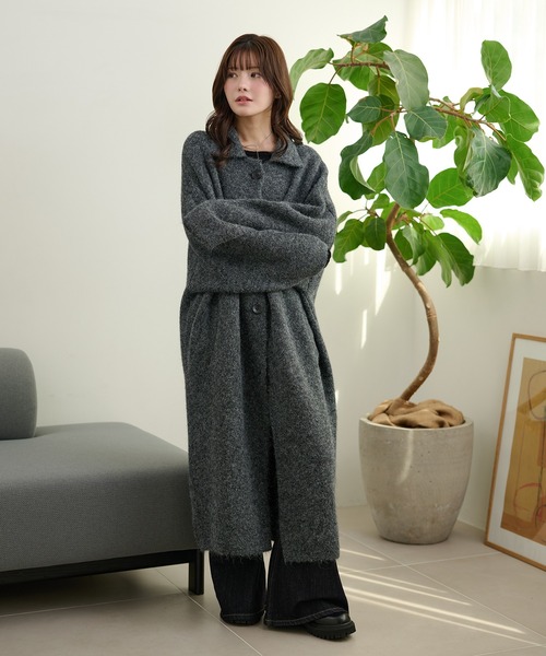 ステンカラーコート コート wool blend knit long coat /ウール