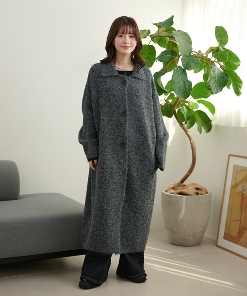 ステンカラーコート コート wool blend knit long coat /ウール
