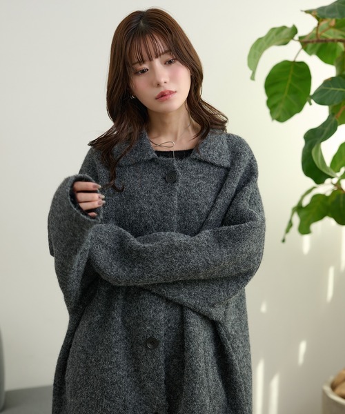 ステンカラーコート コート wool blend knit long coat /ウール