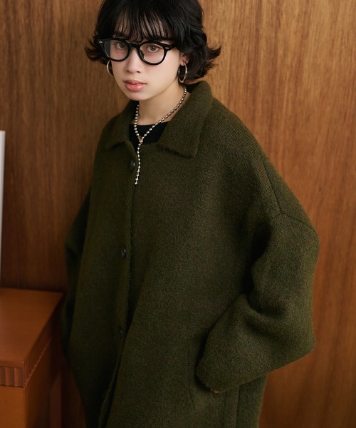 ステンカラーコート コート wool blend knit long coat /ウール