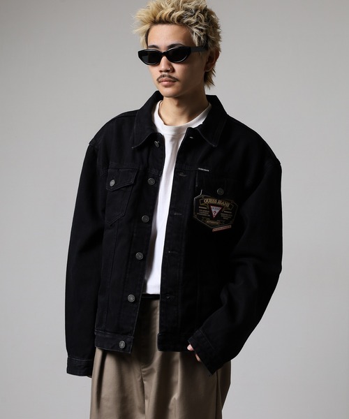 GUESS ゲス USA製 デニムジャケット Gジャン 刺繍ロゴ 黒 M　極美品 デニムジャケット gジャン GUESS JEANS GJ MENS OVERSIZE TRUCKER