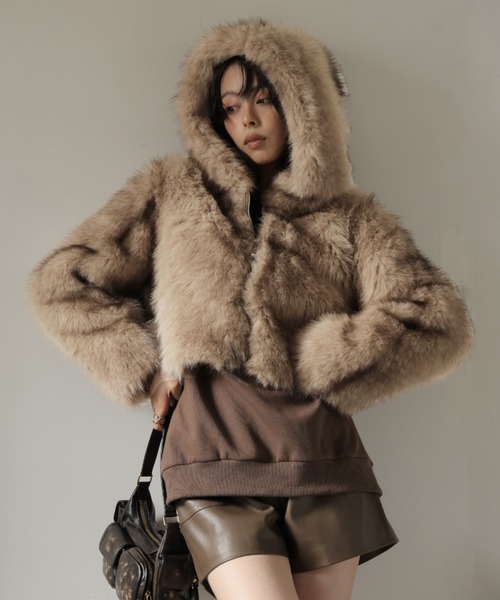 ULYSSES コート アウター フード付きミックスファーショートジャケット