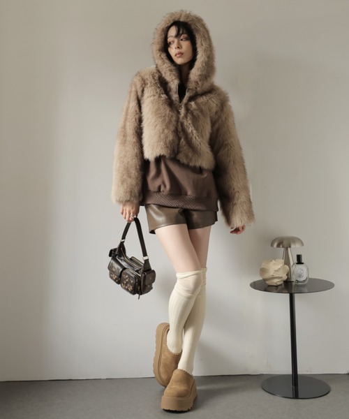 ULYSSES コート アウター フード付きミックスファーショートジャケット