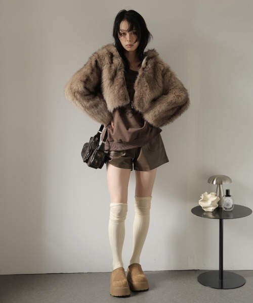 ULYSSES コート アウター フード付きミックスファーショートジャケット