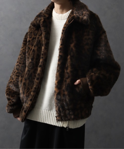ボンバージャケット　ファージャケット　ブルゾンレザージャケット ブルゾン アウター レオパードファーボンバージャケット メンズ