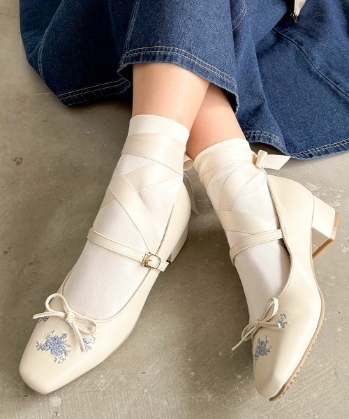 F i.n.t（フィント） パンプス リボン付き小花刺繍バレエパンプス/fint