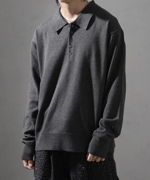 24SS Blanc YM 黒 Vネック ニットポロシャツ Blanc YM - Wool Jersey Twisted polo Shirts / ウールジャージー