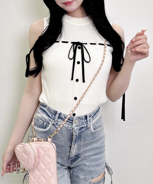 新品】22SS✨JENNE リボン付き 2way ノースリーブニット 洗える リボン