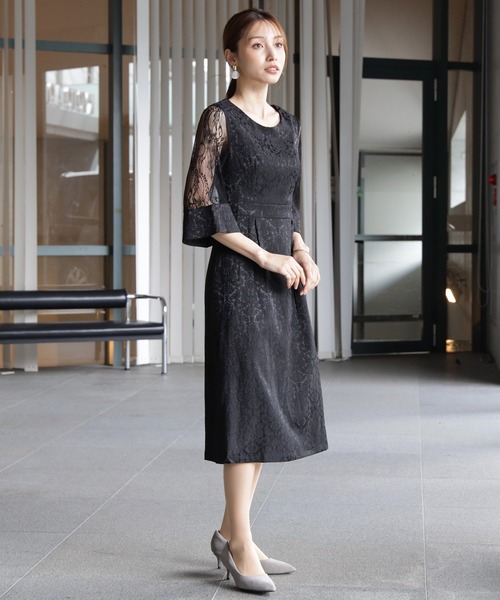 DRESS STAR ドレス 結婚式ワンピースダマスク柄ミモレ丈、ドレス