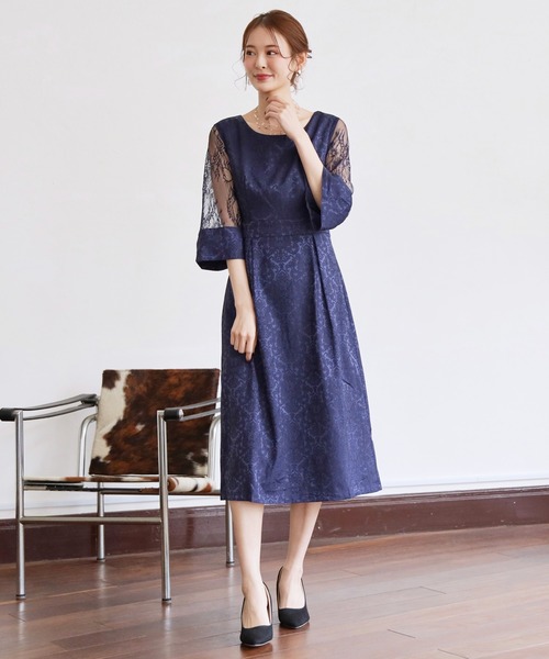 新品タグ付き　ドレスプラス　ダマスク柄レースワンピース　結婚式　ネイビー　3XL DRESS STAR ドレス 結婚式ワンピースダマスク柄ミモレ丈、ドレス