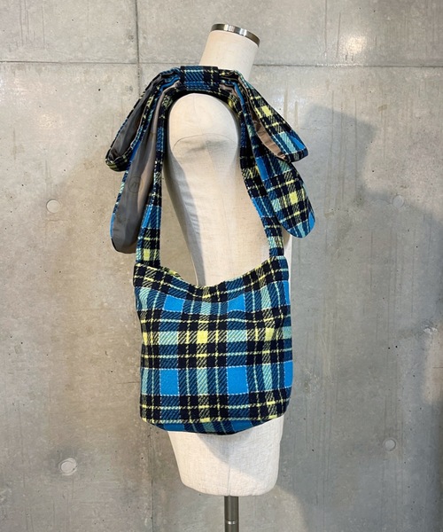 フリルバッグ　青　チェック　リボン　ショルダーバッグ moyan ecri ショルダーバッグ バッグ チェックリボンショルダーBAG