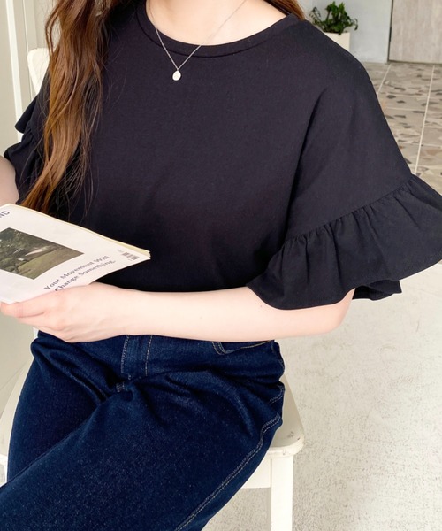 moment+ tシャツ 綿100％天竺.半袖ショルダーフリルTシャツ レディース