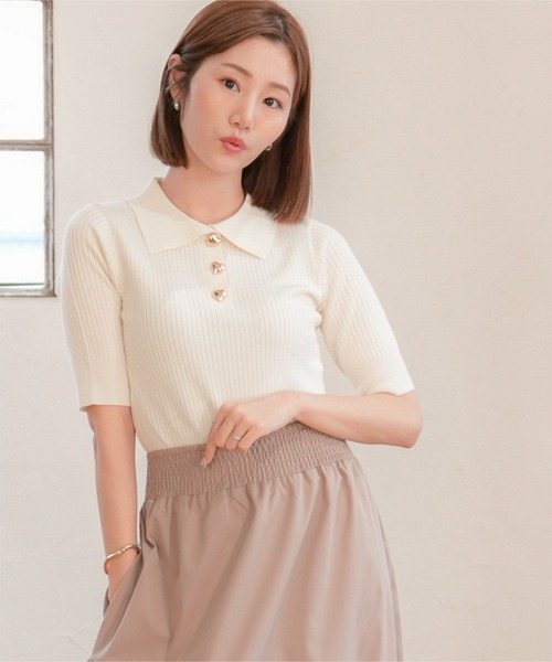 ニット セーター 遊びゴコロなボタンのニット レディース Lace Ladies ニット セーター クルーネックハートボタンニット