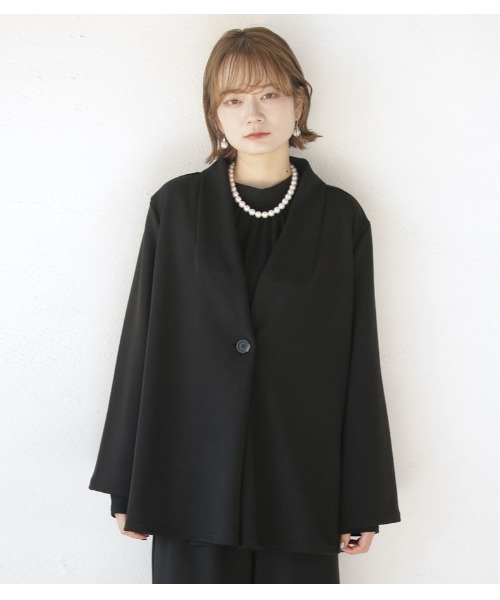 kay me✨️ウール混ノーカラージャケット 黒 日本製 洗える上質シルエット❁ kay me✨️ウール混ノーカラージャケット 黒 日本製 洗える上質