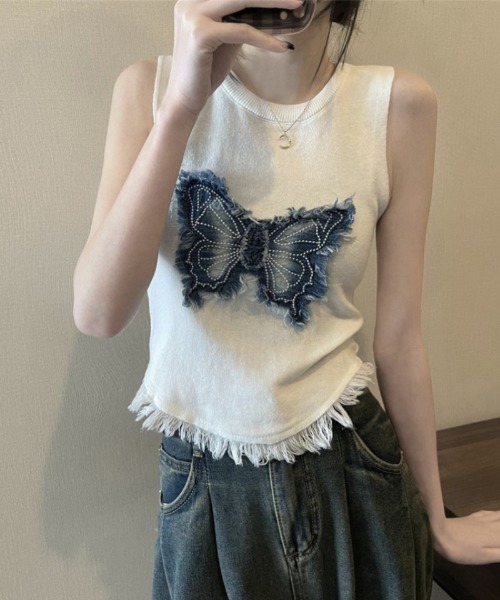 全4色 ロゴ コットン ノースリーブ Tシャツ ドレス tシャツ 蝶デザイン ノースリーブトップス レディース