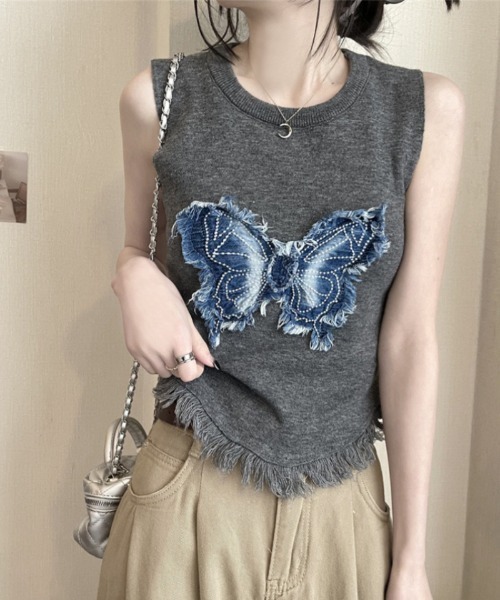 tシャツ 蝶デザイン ノースリーブトップス レディース : ZOZOTOWN