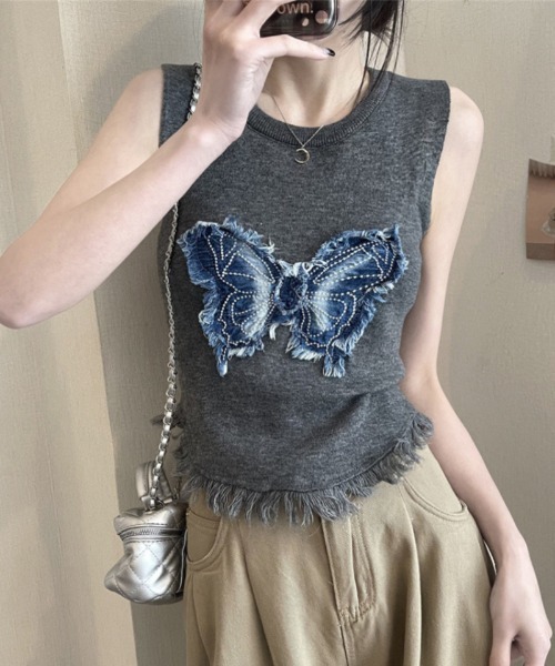 223○ COMME des GARCONS ノースリーブ トップス 蝶 ブルー tシャツ 蝶デザイン ノースリーブトップス レディース : ZOZOTOWN