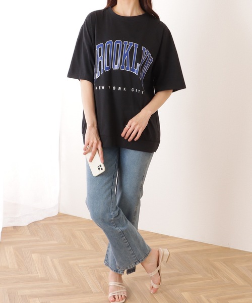 【美品】フレームワーク ロゴTシャツ ネイビー ゆったり 半袖 カレッジ風 Lace Ladies tシャツ カレッジロゴ風 ビッグシルエット 半袖