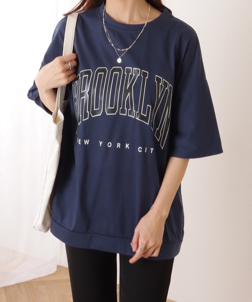 【美品】フレームワーク ロゴTシャツ ネイビー ゆったり 半袖 カレッジ風 Lace Ladies tシャツ カレッジロゴ風 ビッグシルエット 半袖