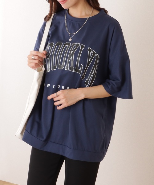 【美品】フレームワーク ロゴTシャツ ネイビー ゆったり 半袖 カレッジ風 Lace Ladies tシャツ カレッジロゴ風 ビッグシルエット 半袖