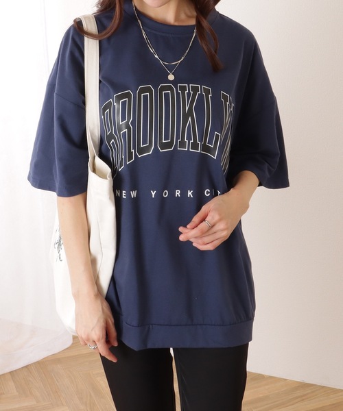 2色 Tシャツ トップス ビックロゴ ドロップショルダー ゆったり Lace Ladies tシャツ カレッジロゴ風 ビッグシルエット 半袖