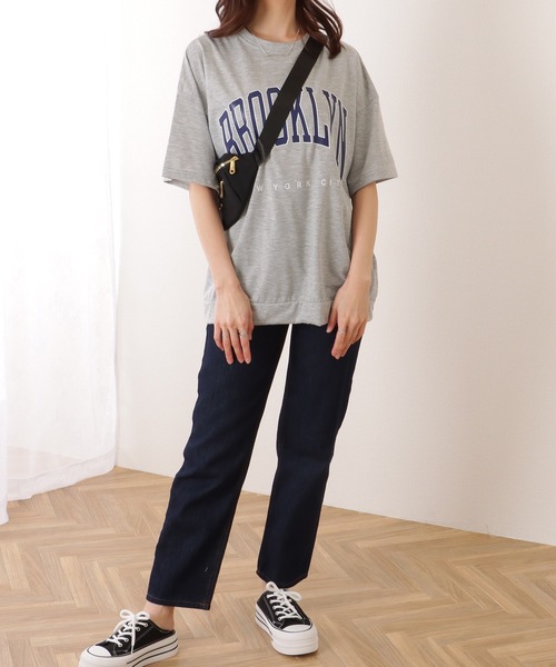 【美品】フレームワーク ロゴTシャツ ネイビー ゆったり 半袖 カレッジ風 Lace Ladies tシャツ カレッジロゴ風 ビッグシルエット 半袖