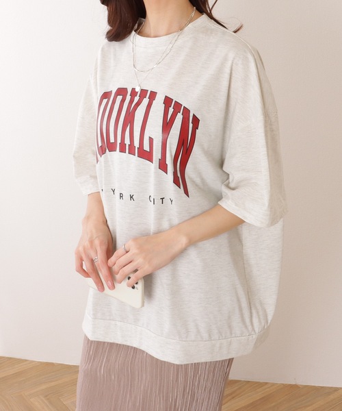 2色 Tシャツ トップス ビックロゴ ドロップショルダー ゆったり Lace Ladies tシャツ カレッジロゴ風 ビッグシルエット 半袖