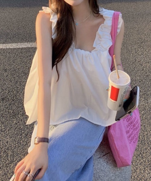 ノースリーブトップス 高級シルク素材 ギャザー フリル 上品 大人 女性 お洒落 高級感 可愛い エレガント lss-fk046_0.jpg