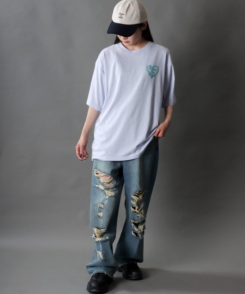 HTH ハートプリント オーバーサイズTシャツ 立体風ハートプリントTシャツ オーバーサイズ メンズ[品番