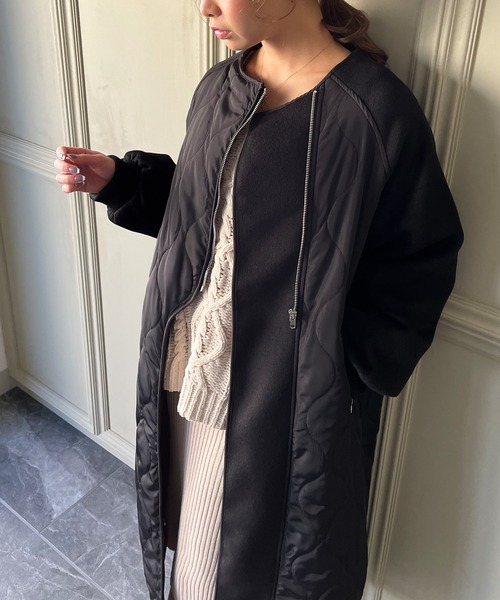 「JUNOAH」 ノーカラーコート FREE カーキ レディース_画像3