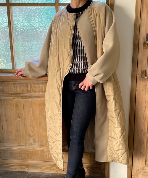 「JUNOAH」 ノーカラーコート FREE カーキ レディース_画像5