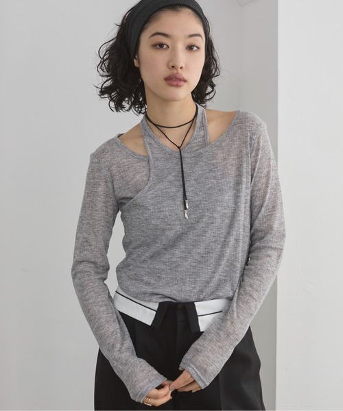ANGIE tシャツ レイヤード風 リブ シアー トップス レディース